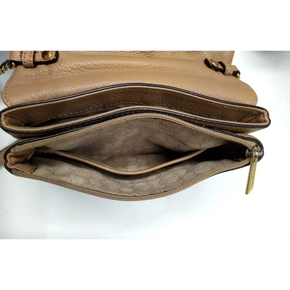 Michael Kors Brown Leather Chain Strap Zip Pockets Credit Card Crossbody Bag